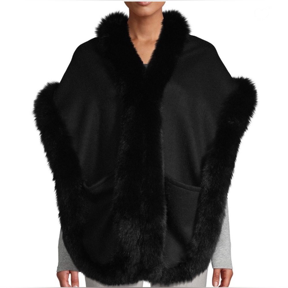 La Fiorentina | Black Fox Fur-Trim Wool Cashmere Blend Wrap